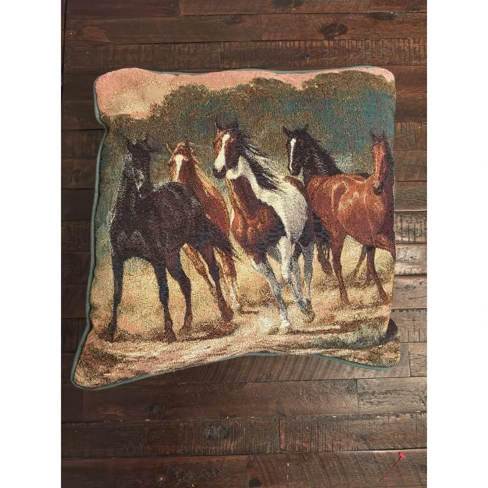 C. Cummings Western  Tapestry Throw PILLOW WILD HORSES 16x16 Equestrian Cottage